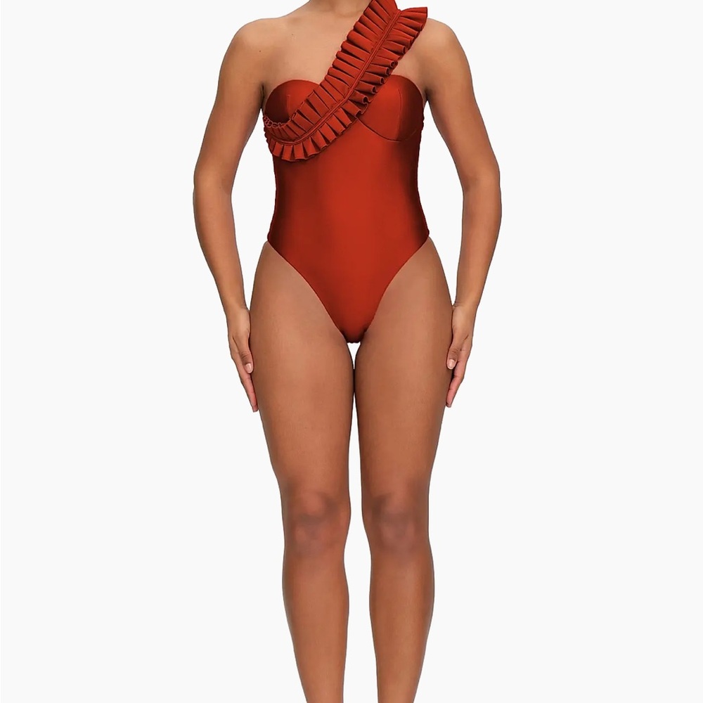 Andrea Iyamah Rust One-Shoulder Ruffle One Piece - Picture 5 of 7